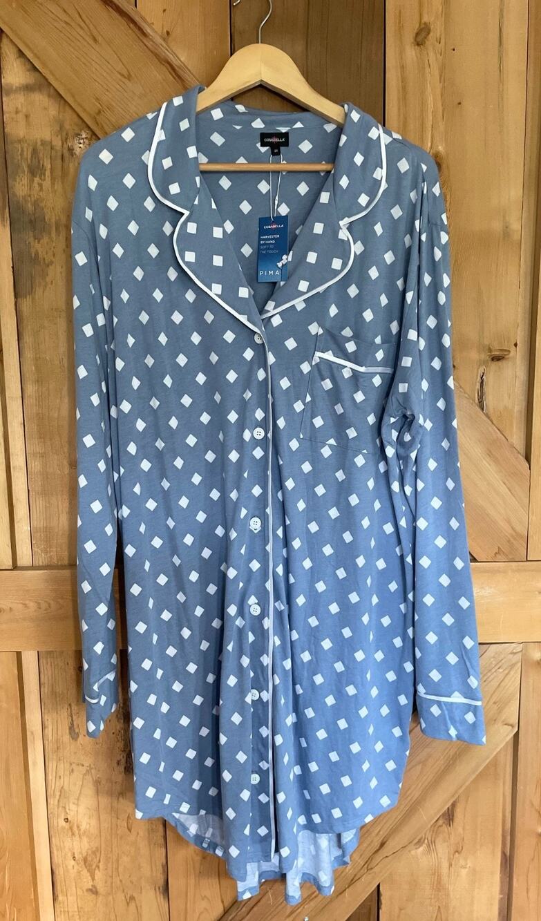 NWTs Cosabella Sleepshirt Blue Diamond Pima Cotton Modal Button Nightgown, Sz 2X